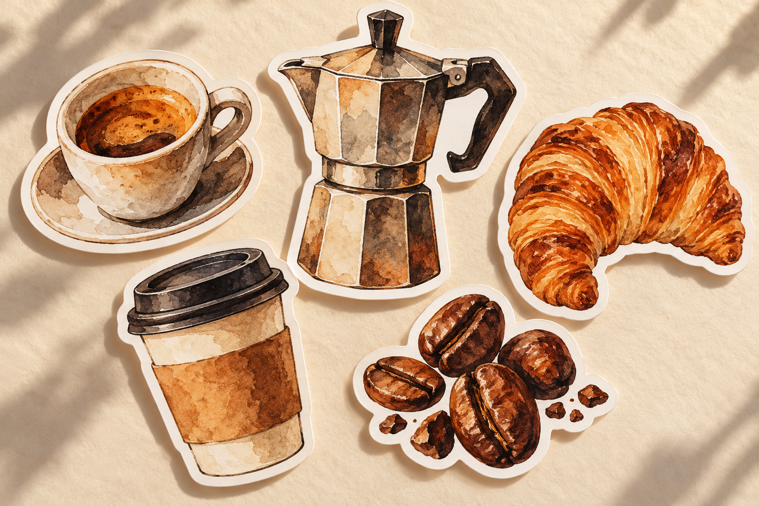 Illustrative coffee-themed sticker collection with cups, a moka pot and croissant.