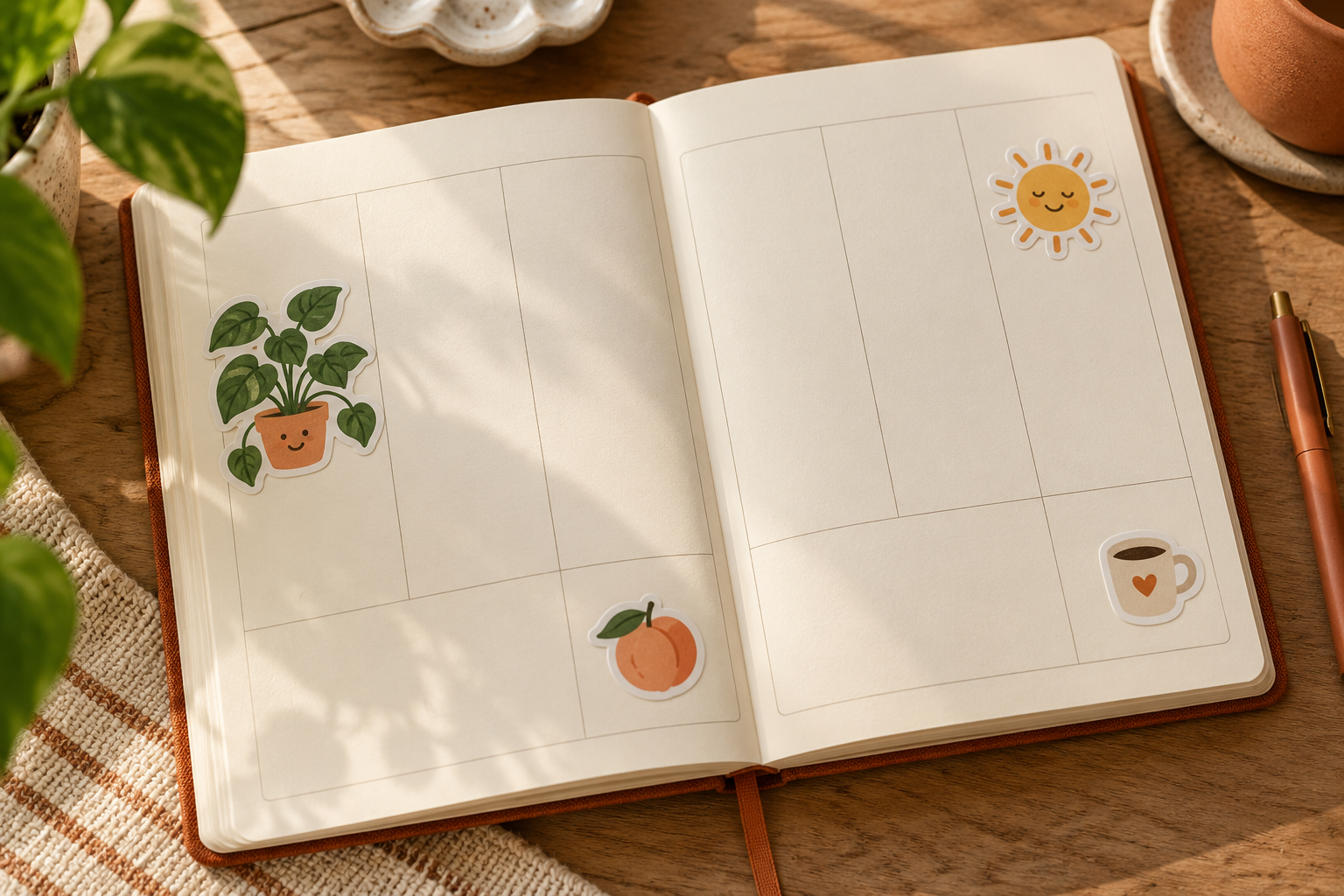 Illustrative plant, sun and coffee stickers arranged on a blank paper planner.